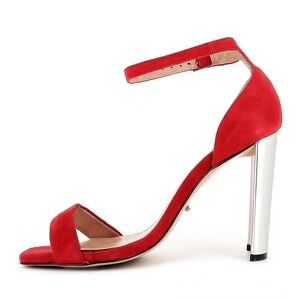 Tony Bianco Red High Heel Sandal- Samala Fire Kid Suede with Metallic Heel
